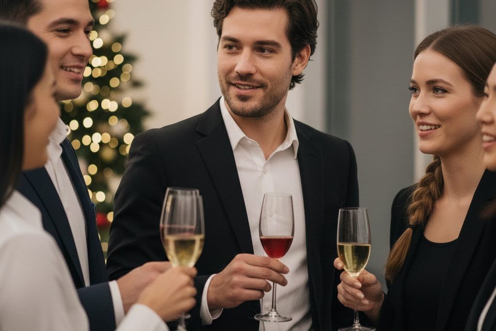 Grupa elegancko ubranych osób rozmawia, trzymając kieliszki wina, na tle choinki.